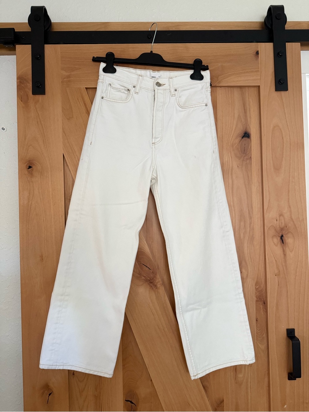Mango Gabriela Ecru Straight Leg High Waist,Off-White,Button-Fly, Crop Jeans, 2